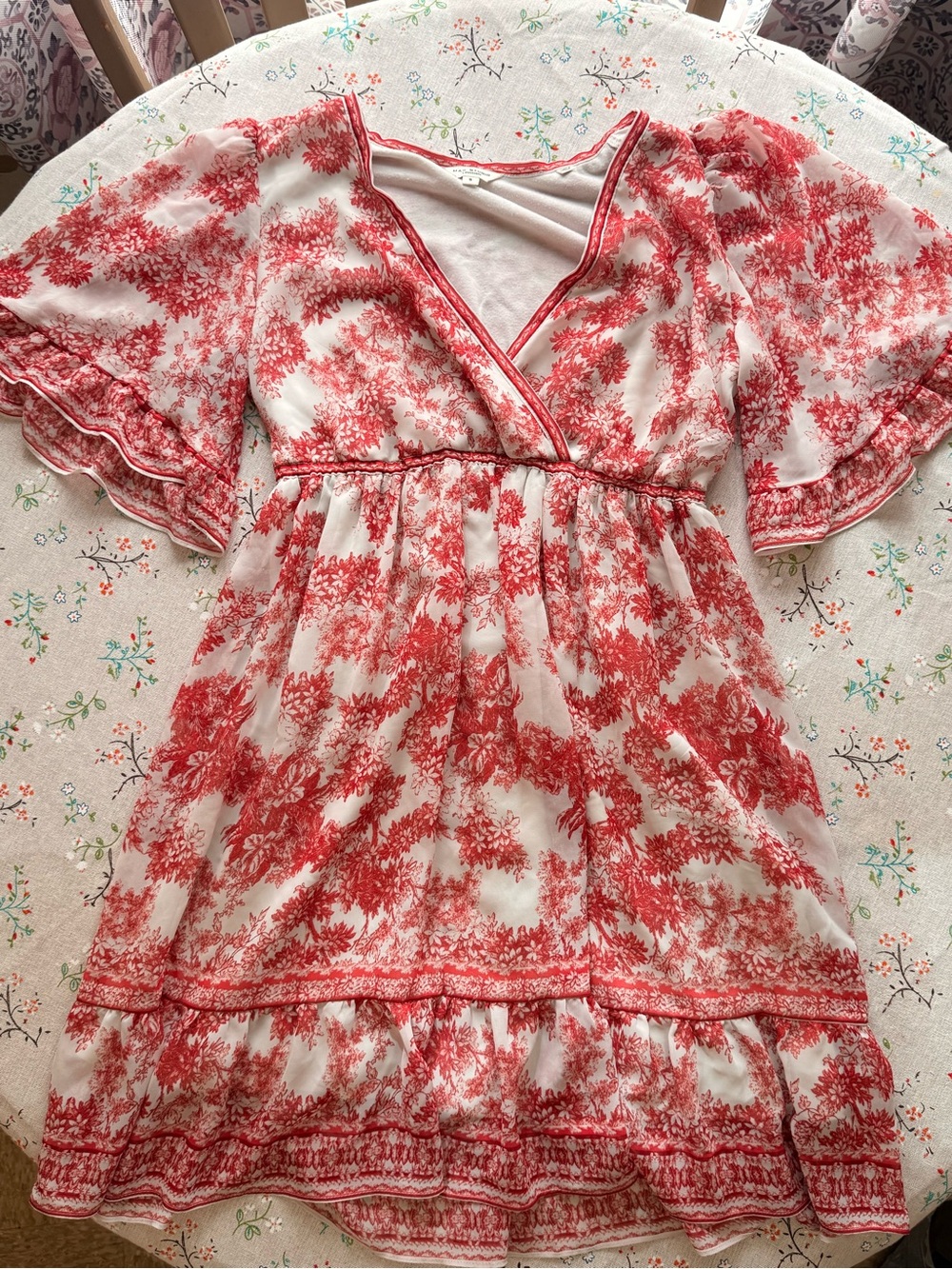 Max Studio White and Red Floral Wrap-Style Mini Dress with Ruffle Hem
